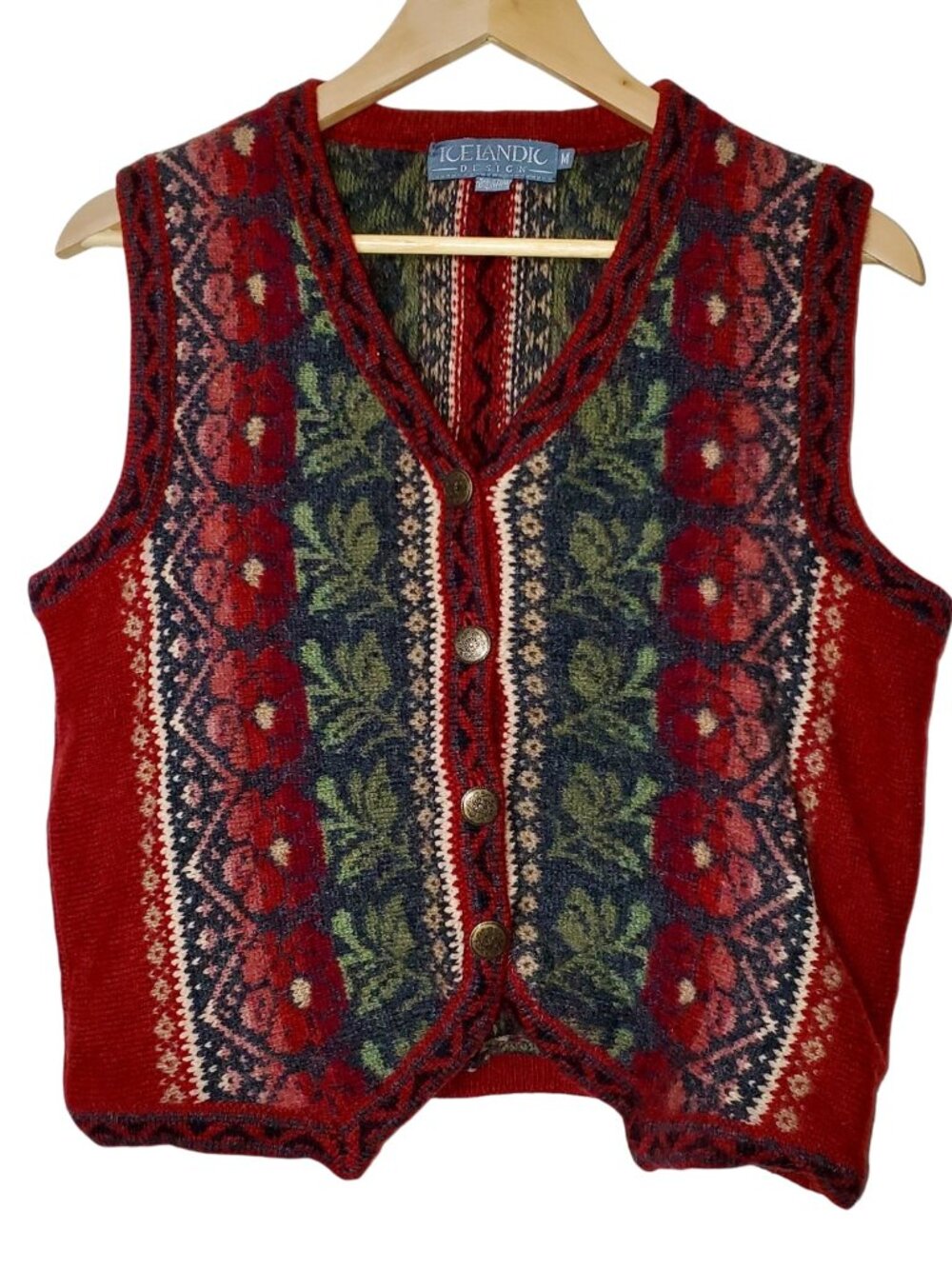 Icelandic Design 1998 Open Front Long Wool Blend Wool Vest Fair Isle Size Medium